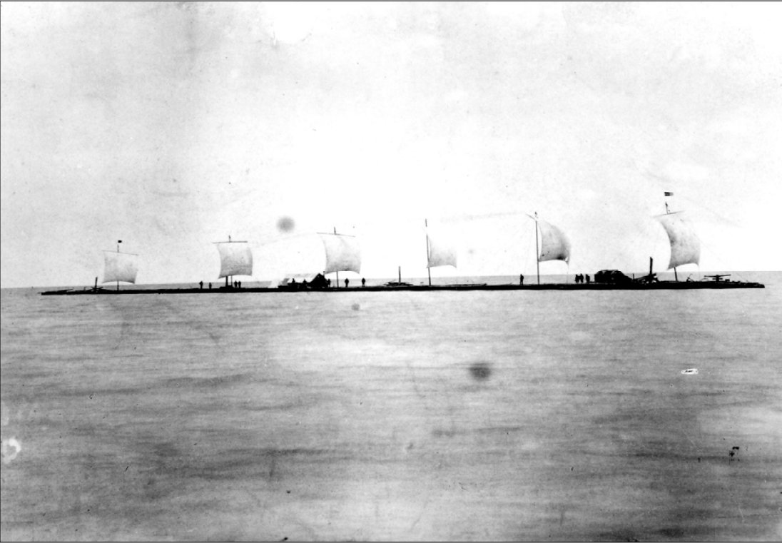 Lumber raft with sails, Lake Manitoba, 1891.png