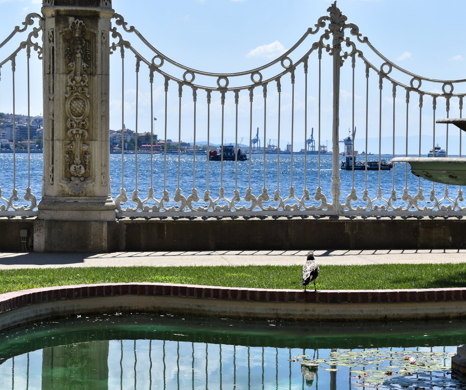 Pond and Fence along the Bosporus Strait, Dolmabahçe Palace, Istanbul.jpg